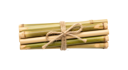 Bundle of natural bamboo sticks tied with rustic string isolated on white background