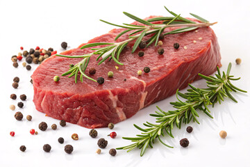 Juicy raw steak seasoned with peppercorns and fresh rosemary sprigs, ready for gourmet cooking and delicious meals.