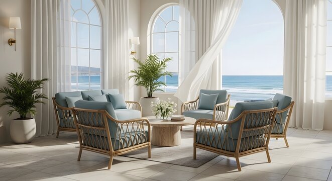 Serene beachfront living room interior with blue armchairs and coffee table by large windows