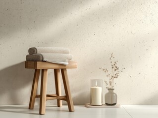 A wooden stool with a white towel on top of it. A candle is on a table next to the stool