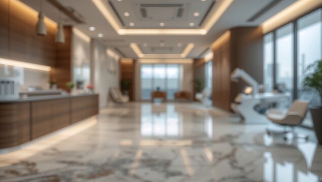 Blurred backdrop of a sophisticated medical facility interior, suitable for UI design