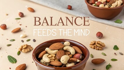 Healthy mixed nuts in a ceramic bowl with inspirational message