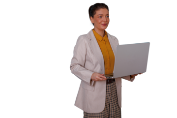 Businesswoman holding a laptop, looking away, working, communicating, and managing tasks with technology on transparent background
