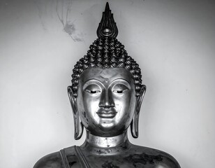 Close-up monochrome shot of a serene Buddhist statue head with intricate details