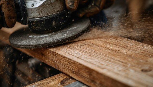 Close-up of oak board being ground with an angle grinder, highlighting safety in woodworking