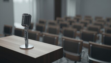 Closeup of a microphone and podium, indicating preparation for a meeting, focus on organization