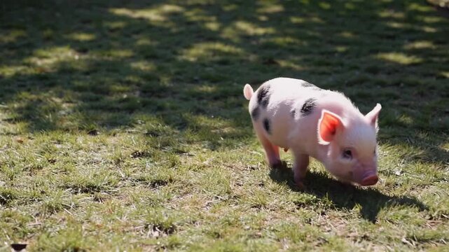 A playful piglet on grass, captured in a low-angle shot, highlighting its curious nature. Ideal for a video on farm life or animal behavior.