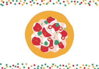 Vibrant and festive illustration of a delicious Mexican-style appetizer, showcasing fresh diced ingredients and a creamy white sauce on a round base, perfect for food celebration themes