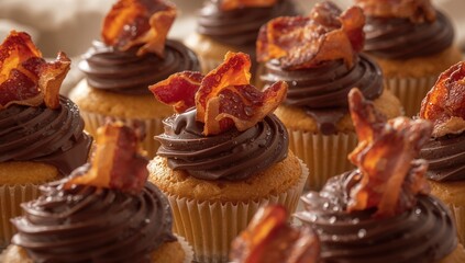 Naklejka premium Homemade muffins with crispy bacon and rich chocolate cream