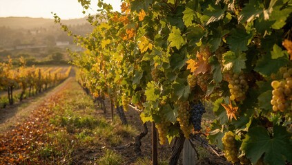 Obraz premium Grapevines in a Vineyard during Autumn, showcasing healthy fruit growth