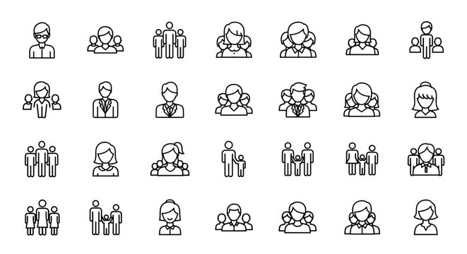 Diverse collection of people line icons, representing individuals and groups in various formations, perfect for web, app, and presentation design. This ordered set features simple, clean vector