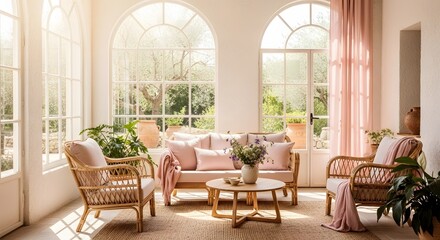 Fototapeta premium Sunlit living room with wicker furniture and pink accents in a modern house