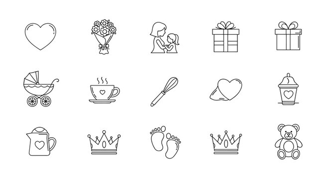 A delightful collection of line-style icons perfect for celebrating Mother's Day, featuring a heartwarming heart, a beautiful bouquet, a loving mother and child embrace, gift boxes, a baby stroller