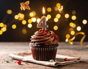 Close-up of a chocolate cupcake with a "4" candle and bokeh lights in background