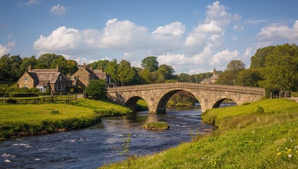 Fototapeta premium Postbridge Dartmoor Devon landscape featuring a clapper bridge and aged stone road bridge over a river, showcasing natural surroundings and historical significance