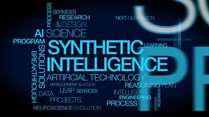 Synthetic intelligence SI machine Artificial intelligence AI tag cloud blue background text animation words tagcloud animation video