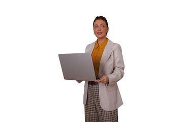 Elegant businesswoman holding a laptop, looking away with a thoughtful expression, analyzing data or planning strategies
