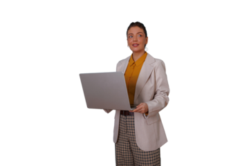 Elegant businesswoman holding a laptop, looking away with a thoughtful expression, analyzing data or planning strategies