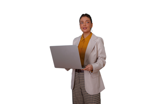Elegant businesswoman holding a laptop, looking away with a thoughtful expression, analyzing data or planning strategies