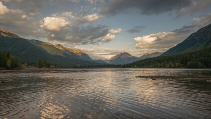 Obraz premium Cloudy Sky Over Mountains And Lake, seasonal change
