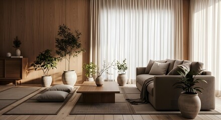 Modern living room interior with plants and sofa in natural light