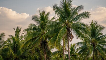 Fototapeta premium Coconut trees set against a cloudy white backdrop, ideal for nature-themed designs