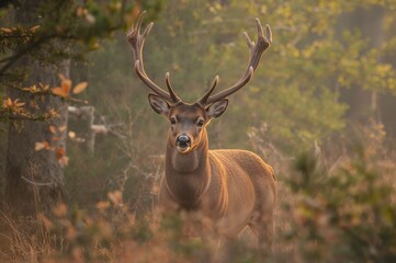 Obraz premium Regal red deer buck at sunrise (Cervus elaphus); a wild creature from mountainous regions