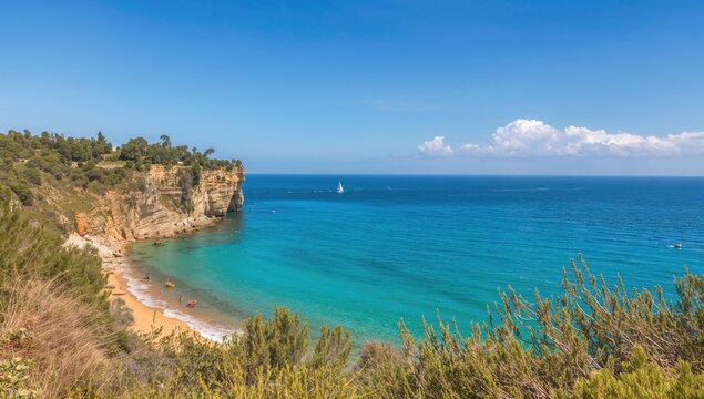 Rocky coastal cliffs with lush greenery, azure ocean, and clear blue sky under bright summer sunlight