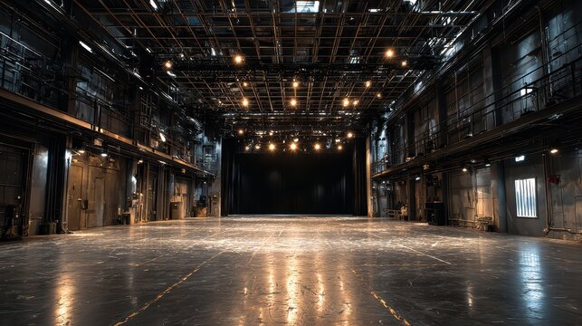 Empty Theater Stage with Backdrop and Dramatic Lighting Setup