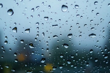 Close-up view of rain droplets on a window with a blurred landscape and muted colors in the background, evoking a calm and reflective mood