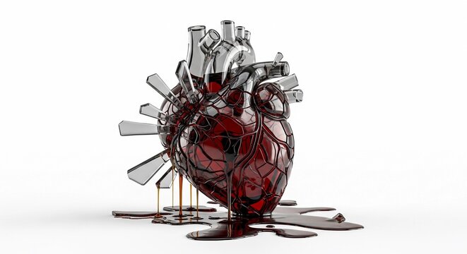 A heart sculpture made of glass and filled with dark red liquid. The heart is surrounded by spilled liquid, symbolizing the impact of alcohol abuse and recovery.