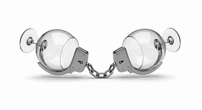 A pair of transparent handcuffs connected by a chain. The handcuffs symbolize the struggle with alcoholism and the journey towards recovery and abstinence.