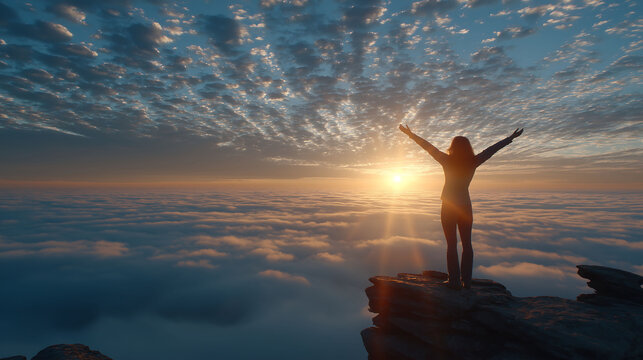 Person triumphantly standing on mountain peak at sunrise with arms outstretched