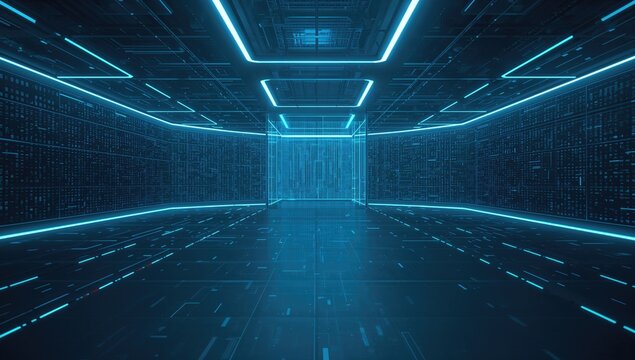 Concept of a virtual reality environment featuring data storage visualization in a vacant room, efficiency