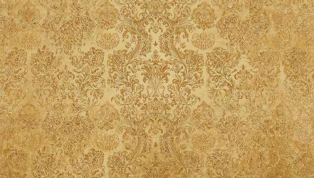 Golden floral ornament brocade fabric design, suitable for luxurious textile applications