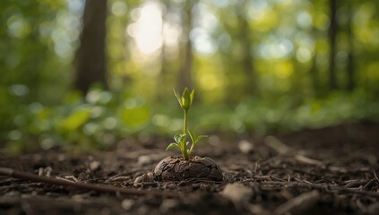 Fototapeta premium Tiny plant sprout emerging from soil, symbolizing growth and renewal