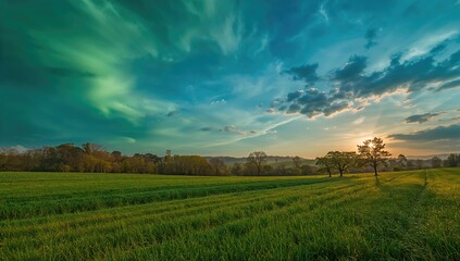 Obraz premium Breathtaking landscape with a captivating green and blue sky, ideal for nature immersion