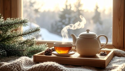 Fototapeta premium Cozy winter scene with steaming tea by the window invites relaxation and warmth, perfect for lifestyle, seasonal, and wellness content creation