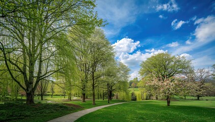 Obraz premium A tranquil park showcases colorful trees beneath a clear sky with stone paths, ideal for relaxation and outdoor activities