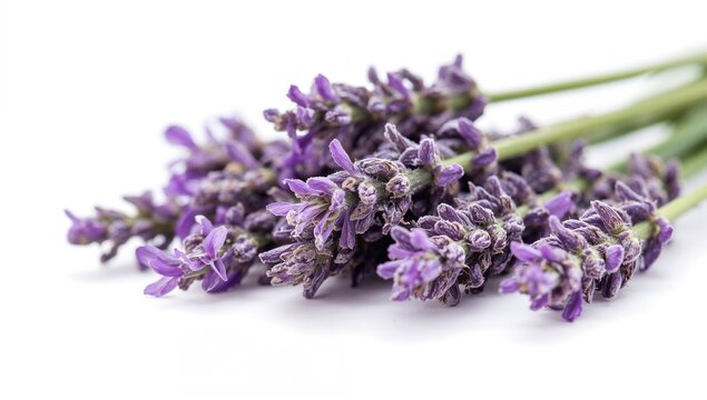 Lavender flowers in close-up against a white backdrop, beneficial for relaxation and aromatherapy