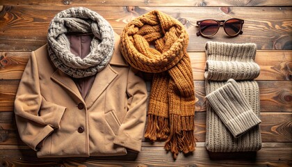 Stylish autumn essentials arranged beautifully on rustic wood - coat, scarves, gloves, and sunglasses for cozy fall season fashion and warmth