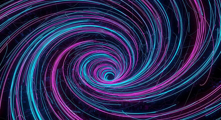 Swirling neon light trails in a dark vortex abstract background spiral