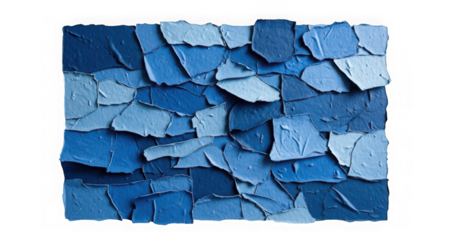 Textured mosaic of varied blue peeling paint chips abstract art