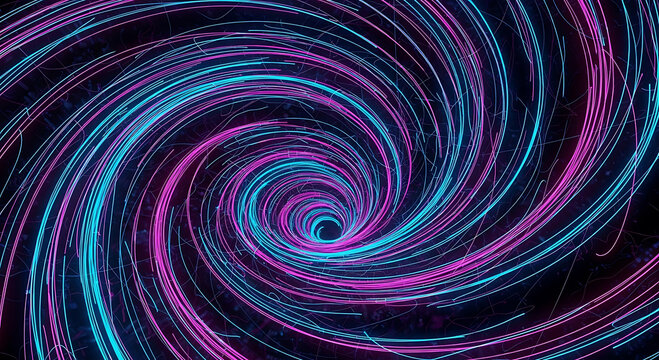 Swirling neon light trails in a dark vortex abstract background spiral