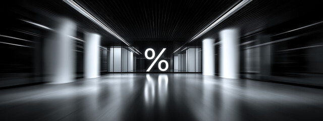 A modern, motion-blurred image of a percentage chart in a corporate setting