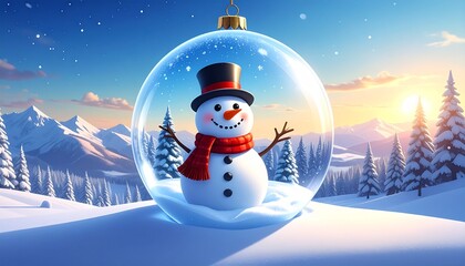 Obraz premium Cheerful snowman inside a Christmas bauble in a snowy winter scene, generative AI artwork