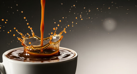 Dynamic Coffee Splash in White Cup on Dark Background