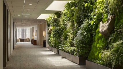 Interior hallway features expansive vertical garden alongside modern architectural design