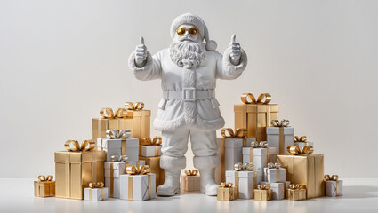 White Santa Claus statue with golden sunglasses surrounded by gold and silver gift boxes, minimalist luxury Christmas art concept.