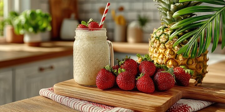 A modern kitchen countertop with fresh fruits smoothie glass